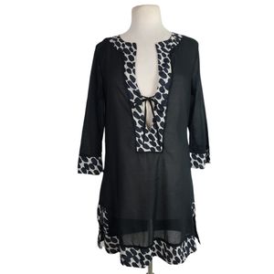 LA BLANCA Black Wet & Wild Leopard Border Tunic Beach Coverup Dress Small